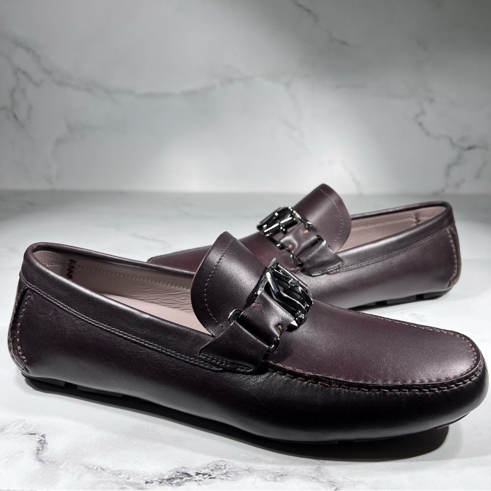 Salvatore Ferragamo Peter Hickory Light Grey Leather Slip On Driver Loafers